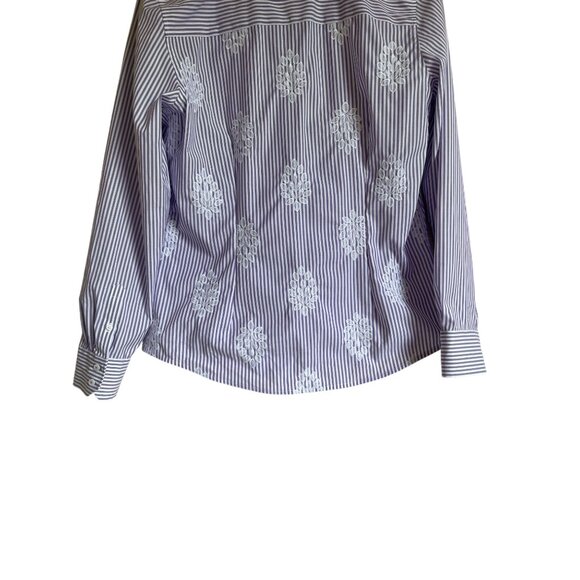 Talbots Perfect Purple White Floral Striped Non-Iron Collared Button Front Long - Picture 8 of 12